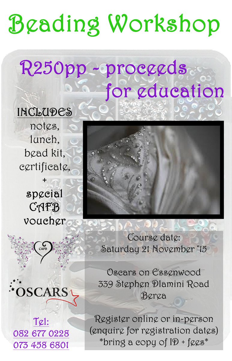 CreativeAngels1's tweet photo. Want to be a fashion designer? Learn with CAFB #BeadingWorkshop #Durban #fundraiser @DbnFashionFair @KZNfashion https://t.co/uFBdToEswL