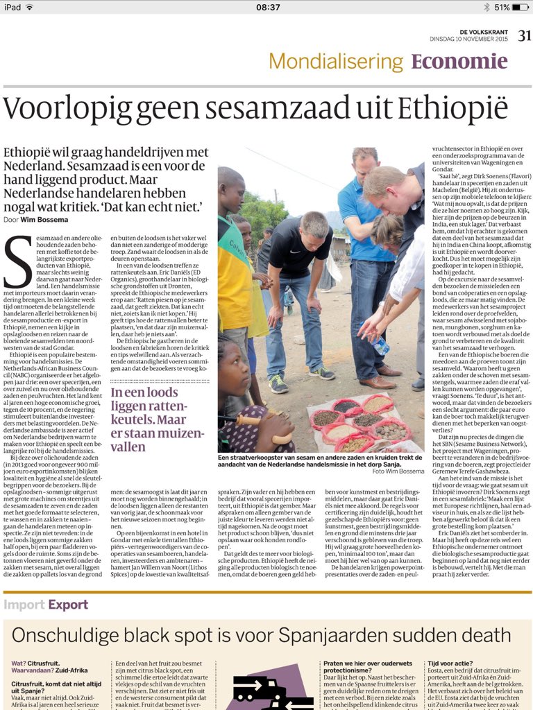 elinevdveen's tweet photo. Artikel in @volkskrant over @NLinEthiopia sesam handelsmissie naar Ethiopie, mede doel om ETH sector te verbeteren https://t.co/sqtfJxiyOR