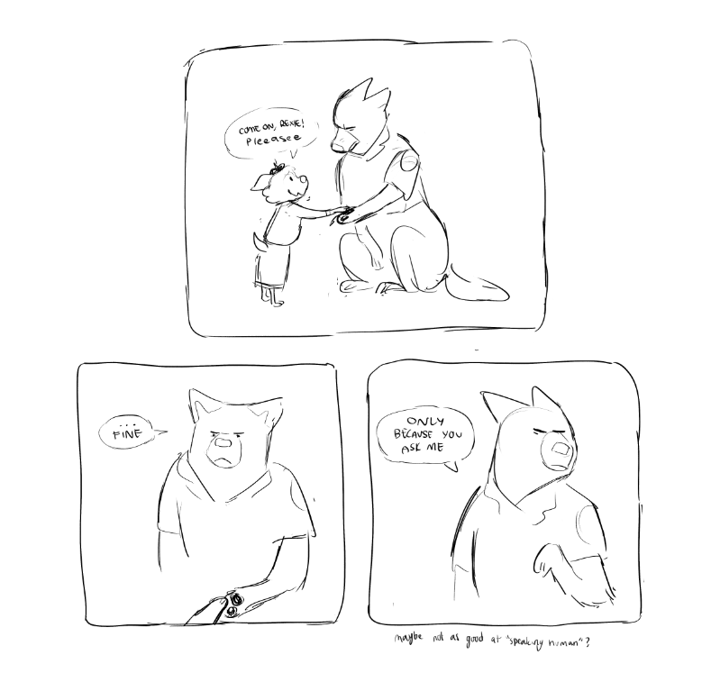 rex/rexie is a surly/aggro police dog who loves her friends 