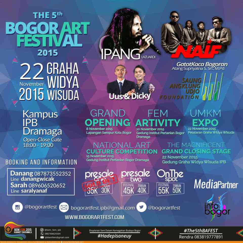 infobogor's tweet photo. 22 Nov | @BogorArtFest | @Naifband @ipanglazuardi | MC @Uus__ &amp; @dicky_difie | Info 087873552352 #BAFEST2015 https://t.co/MwsXIdkV6P