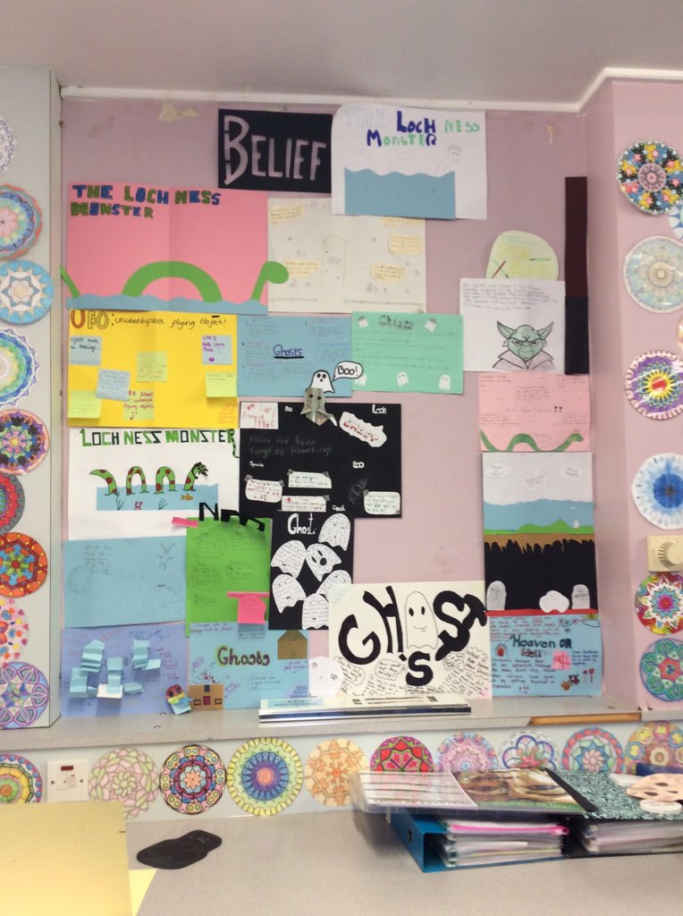 BoroughmuirRMPS's tweet photo. Students exploring beliefs wall almost complete. Got  unusual beliefs including Jediism and the Loch Ness Monster! https://t.co/xOFVWpmeSv