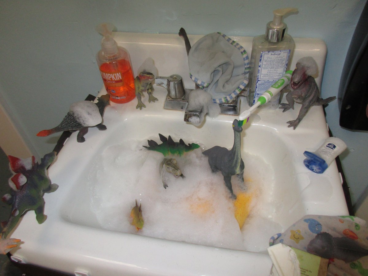 RSPDinovember's tweet photo. Scrub a dub!  Why not take a bath in the assistant principal's office?!?  #dinovember  @Dinovember https://t.co/3T08Ds93Lw