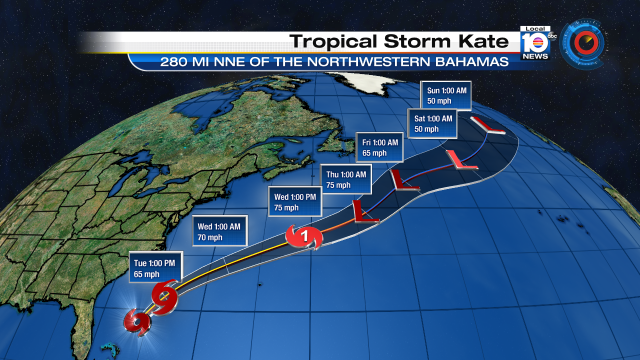 Here is the latest forecast path for T.S.Kate. Watch Local10 for more. https://t.co/vI6jSkdX8b