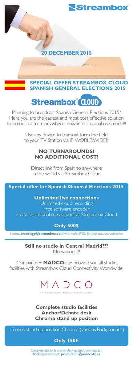 Streambox_Inc's tweet photo. Planning to #broadcast Spanish Elections? Contact us for special offers on #Occasionaluse !#EleccionesGenerales2015 https://t.co/yrSrs0DU0p
