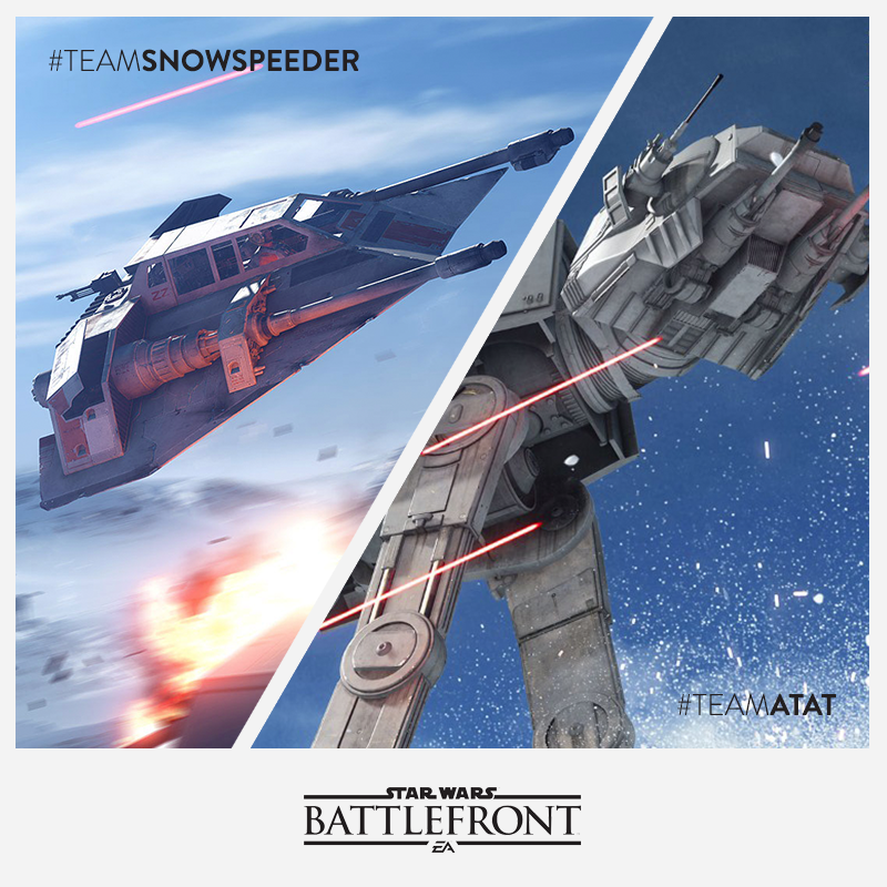 Battlefront_NL's tweet photo. Wie wint er de befaamde gevechten op Hoth? Kies jij voor #TeamSnowspeeder of #TeamATAT?
#BattlefrontNL https://t.co/Hn2yR0Xifs