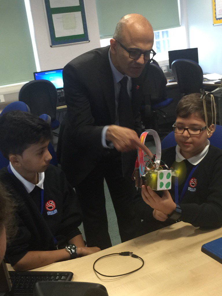 Microsoft Satya Nadella learns about the BBC Microbit at an East London school