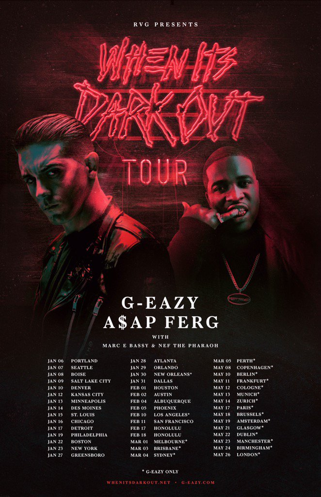 G_Eazy's tweet photo. #WhenItsDarkOut World Tour 2016 ft @ASAPferg @MARCEBASSY &amp; @NefThePharaoh. Tickets on sale Friday! https://t.co/wGytSQkO9l