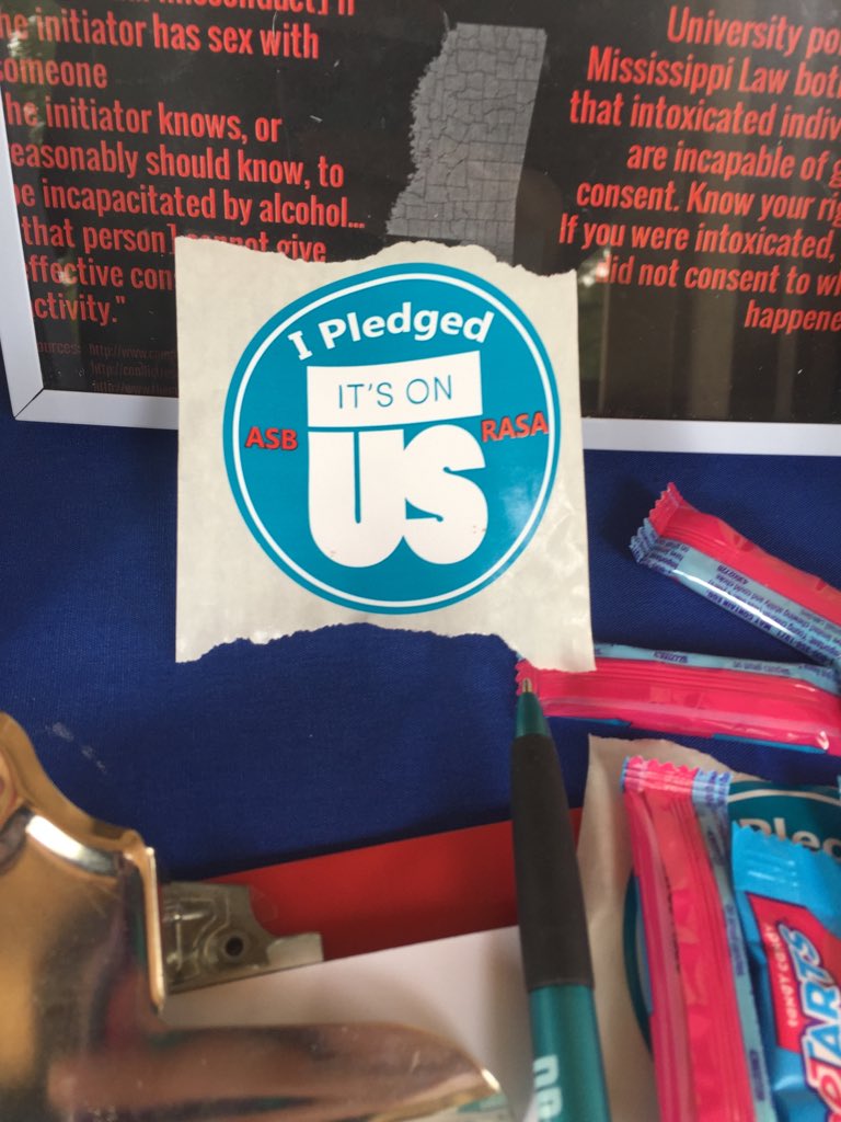 OleMissVpo's tweet photo. Come take the #ItsOnUs pledge with @olemissrasa &amp;@OleMissASB today between 11-1 and get a sticker! https://t.co/CjPoyK1HJk