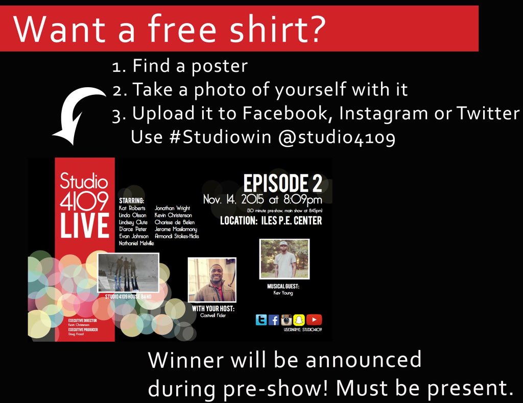 Studio4109's tweet photo. Want to win a Studio 4109 shirt? Follow the steps below, be present this Sat. & bam, you're a winner! #StudioWin https://t.co/mtWPUZ92CU