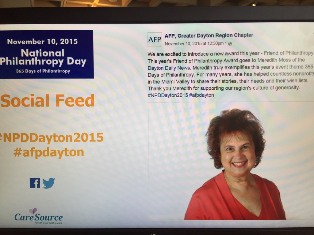 AFPDaytonOH's tweet photo. Surprise!!!! Meredith Moss is our FIRST ever Friend of Philanthropy! #npddayton2015 #npddayton #afpdayton https://t.co/fmPdcUAwUs