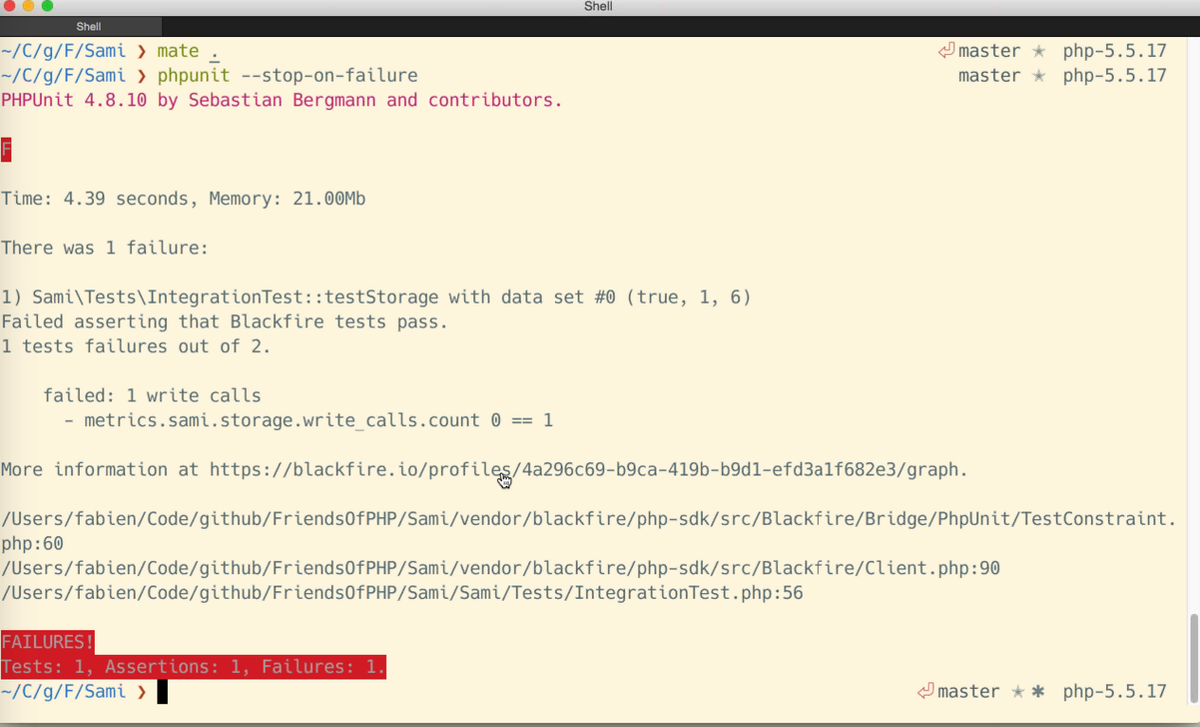YoavKutner's tweet photo. very nice integration of @blackfireio and #phpunit demoed by @fabpot. very useful for #continuesintegration https://t.co/E81Q5iT8fA