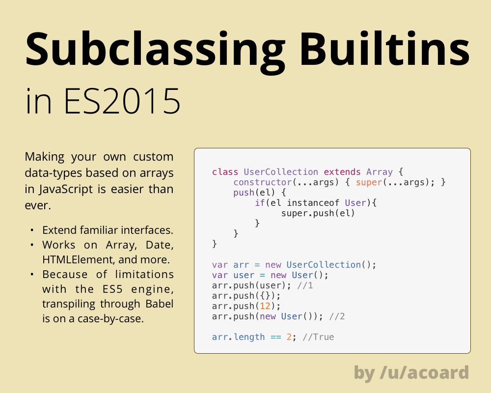 AdamCoard's tweet photo. Feed your brain by snacking on some #JavaScript: learn about subclassing builtins in #ES6 / #ES2016 https://t.co/4yKbMnxbIm