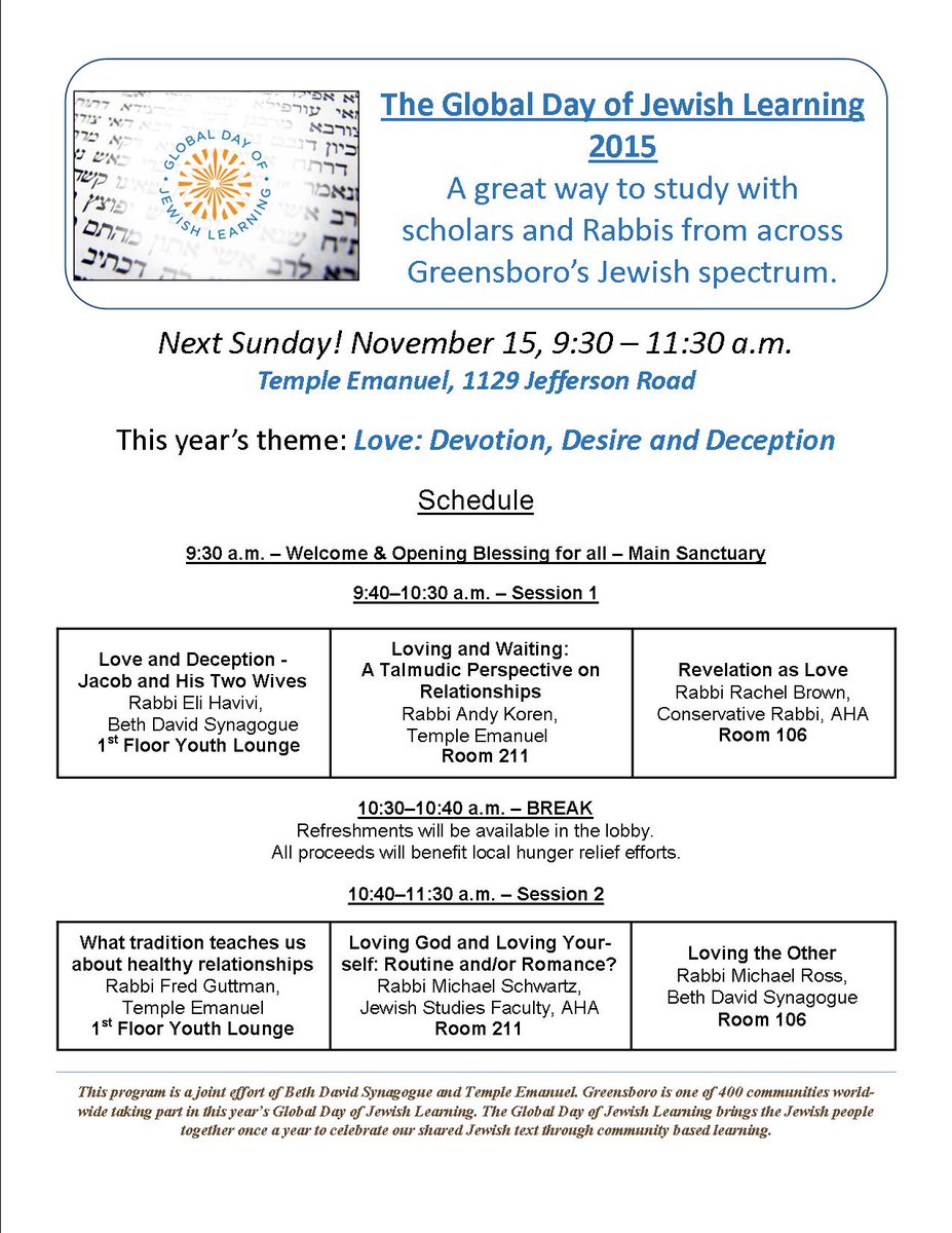 Global Day of Jewish Learning, November 15, 9:30 -11:30 a.m. Come and select the one that's right for you!
