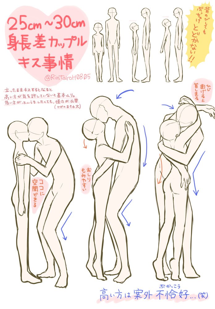 絵描きさんは参考に 身長差カップルのキスは棒立ちだと届かないからこんな感じになる Togetter