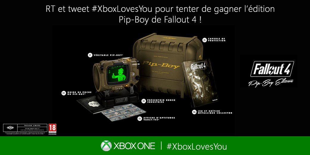 Pour fêter la sortie de #Fallout4, RT et tweet #XboxLovesYou pour tenter de gagner le coffret collector Pip Boy !