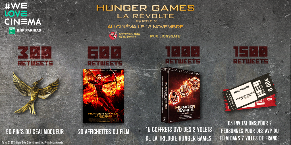 RT ce tweet pour gagner de nombreux lots #HungerGames4. À 1500 RT, on débloque les invitations AVP #HungerGames4 !