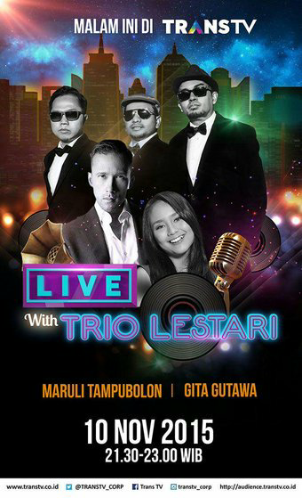 TrioLestari's tweet photo. Mari merapat! Sebentar lg Live With Trio Lestari bareng @gitagut &amp; @marulitampubolon777 di @TRANSTV_CORP https://t.co/WuzyB2slRO
