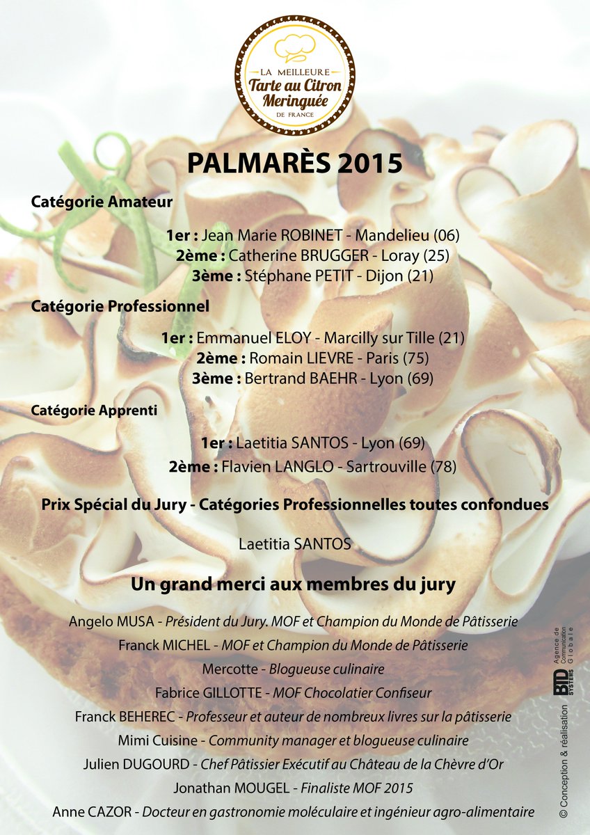 CitronsMeringue's tweet photo. Le PALMARÈS 2015 du Concours de la Meilleure Tarte au Citron Meringuée de France est enfin disponible ! Merci ! https://t.co/twfqAPRVin