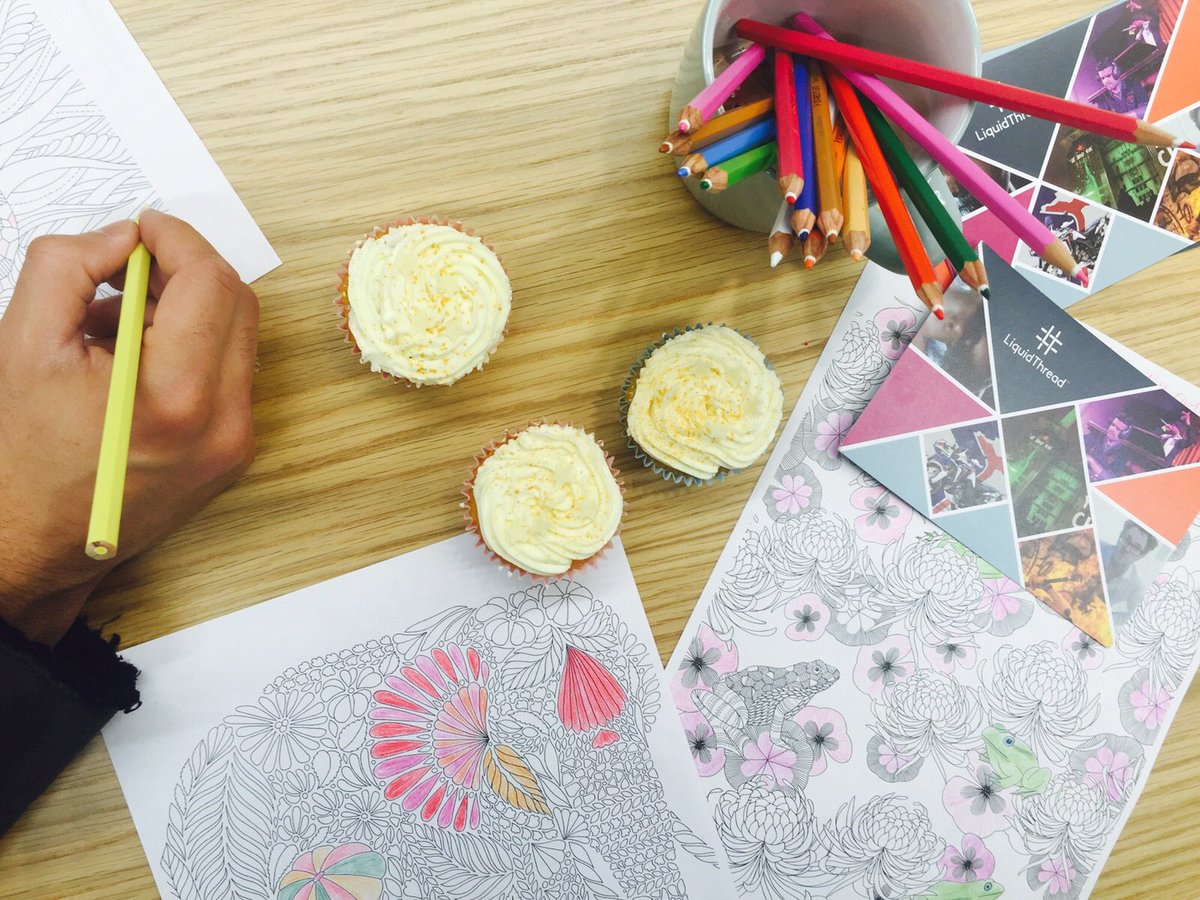 liquidthreaduk's tweet photo. Day two of #LiquidThread Week and the team are combating stress with Mindfulness Colouring https://t.co/376QFDPOL2 https://t.co/SE6SeIcsqK