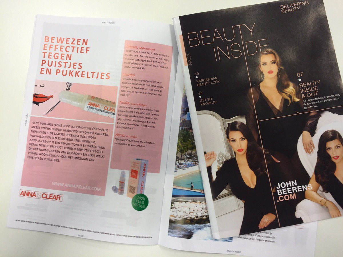 AnnaisclearNL's tweet photo. En een hele pagina in John Beerens magazine! #annaisclear #veilig #effectief #natuur #acne #puistjes #kardashian https://t.co/vgiRoe7C6Z