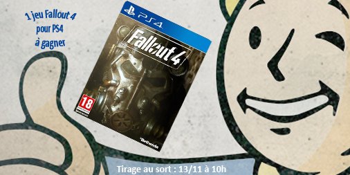 RT &amp; FOLLOW ce tweet ==> 1 jeu #Fallout4 sur PS4 à gagner !! 
Tirage au sort : vendredi 13/11 à 10h