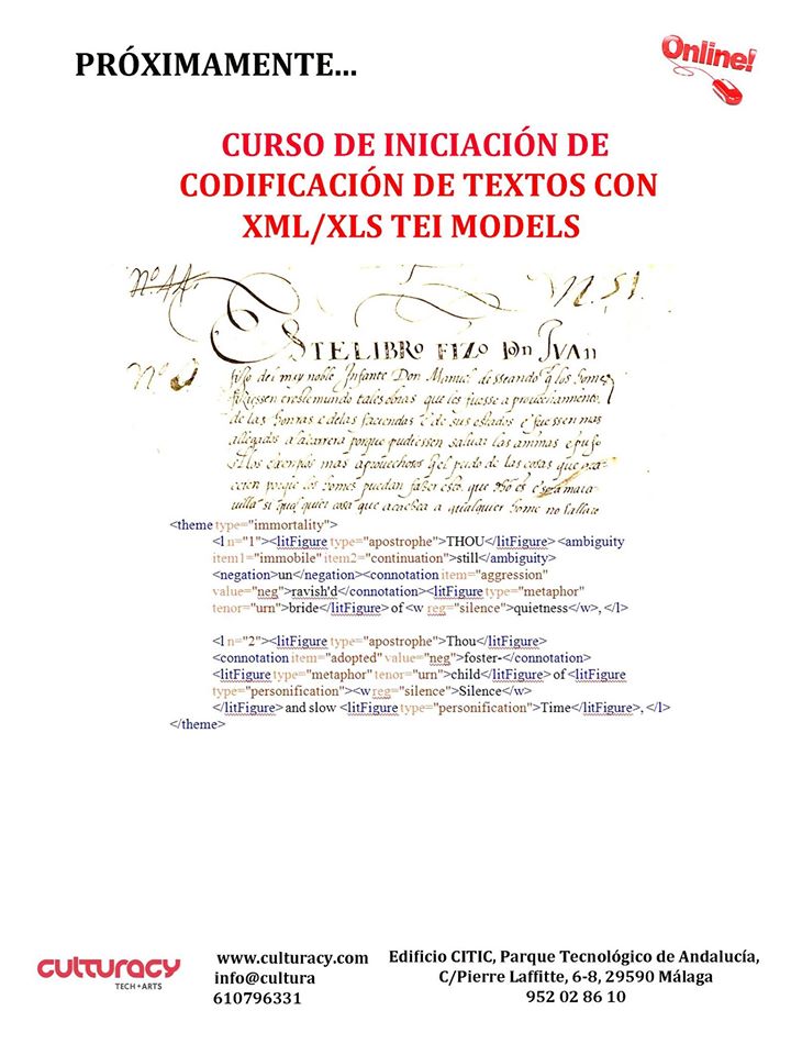 CulturacySL's tweet photo. PRÓXIMAMENTE: Curso de Iniciación a la Codificación de Textos con XML/XLS TEI Models Os iremos informando.. https://t.co/aztV1Di9kI