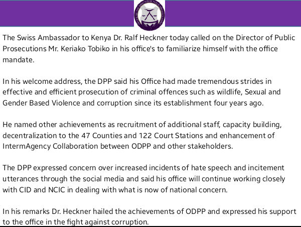 ODPP_KE's tweet photo. Swiss Ambassador to Kenya Dr. Ralf Heckner calls on DPP Tobiko https://t.co/9k3gOA95pj #CourtesyCall_ODPP DKW https://t.co/Vhi06vdHMC