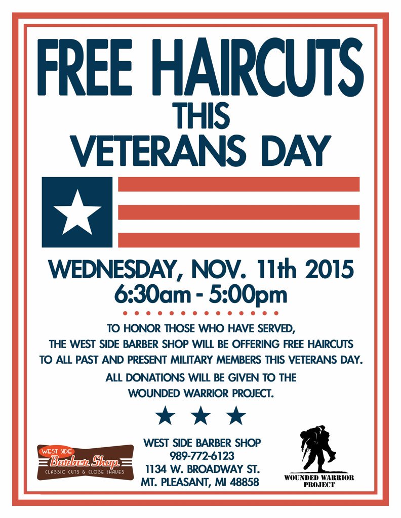 Don't forget!! Free haircuts on #VeteransDay to all active/past military members!! All donations go to <a href="/wwp/">WWP</a>