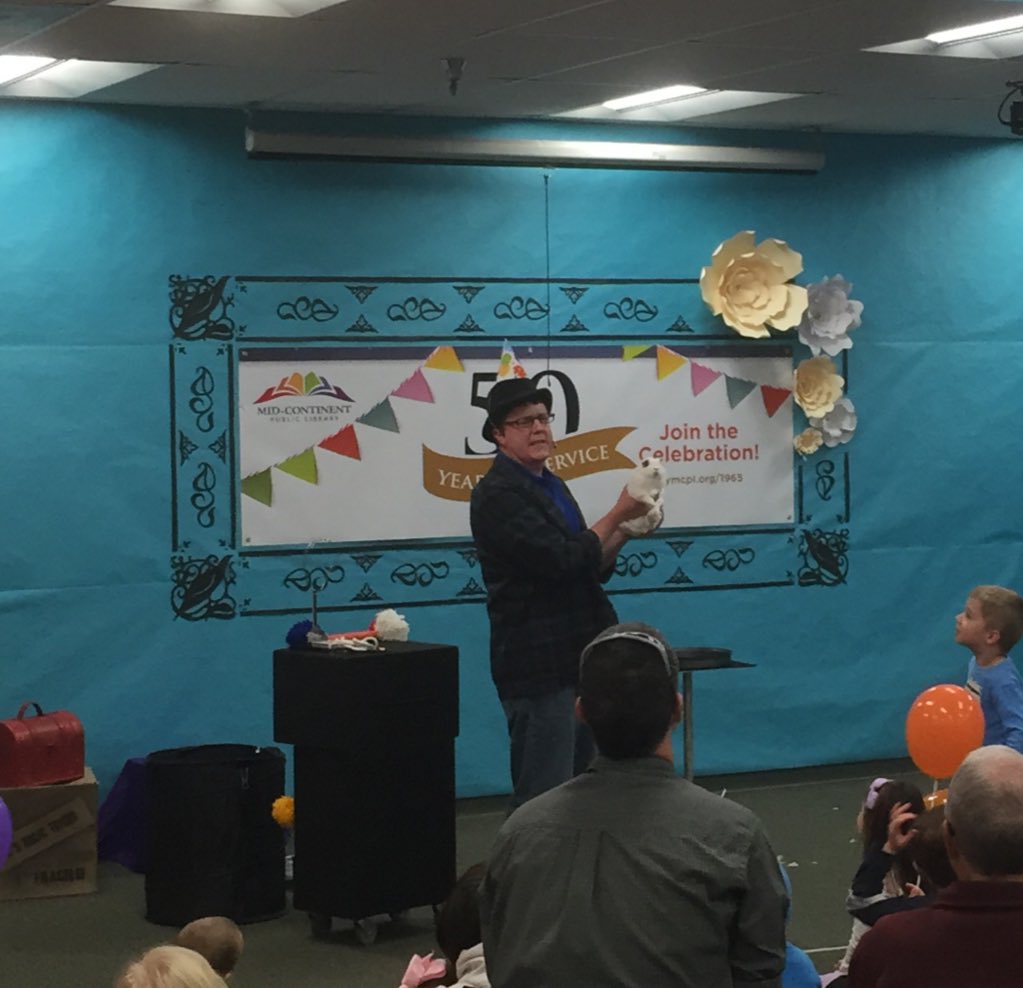 MCPLLeesSummit's tweet photo. Eric the magician is rocking the LS Branch with 50 Years of Magical Memories. #mcpl50 #mymcpl https://t.co/DdrRAkuE7F