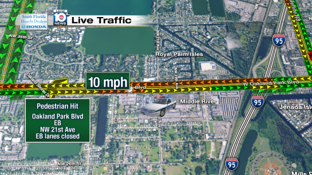 Pedestrian hit on Oakland Park Blvd EB at NW 21st Ave. EB lanes closed #traffic #broward @JeniseFernandez https://t.co/cGDBesQV6w