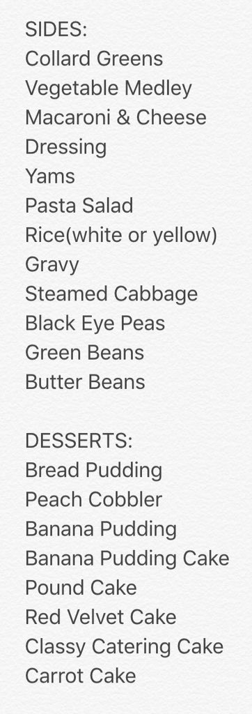 Classy4Catering's tweet photo. Classy Catering Holiday Menu. Here is a list of what will be served(serves 10 ppl). Call/text 9045279409 for prices https://t.co/o2TNWKW3qb