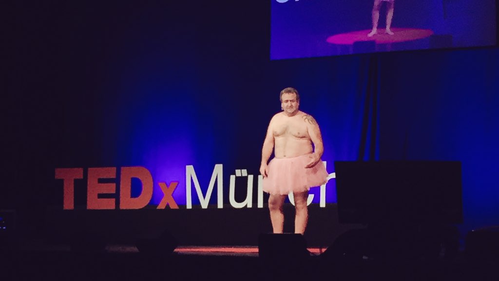 It's not every day a man in a pink tutu takes to the stage for a TEDx talk! <a href="/BobCareyPhoto/">Bob Carey</a> #TEDxMUC