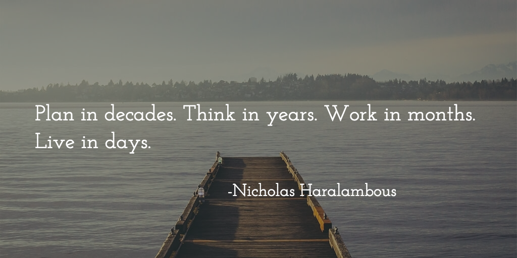 buffer's tweet image. "Plan in decades. Think in years. Work in months. Live in days." -Nicholas Haralambous (@nicharry) via @CaroKopp)