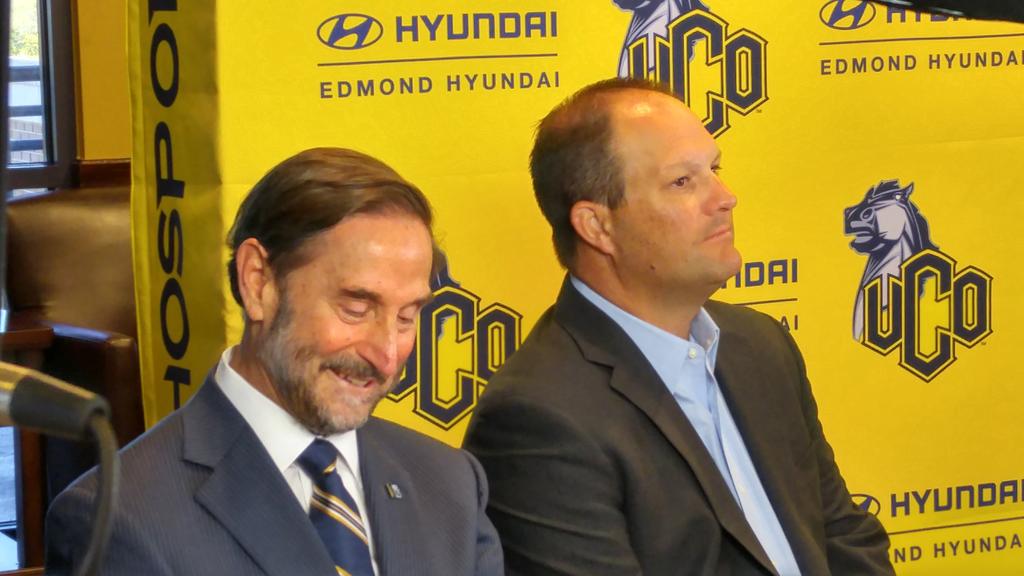 DGontheRadio's tweet photo. .@FranchiseOK PayCom's Chad Richison (right) to give @ucoathletics $10mil. Univ. Prez Don Betz on left https://t.co/H9U5P3dsCC
