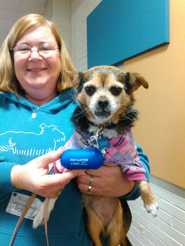 catlinzera's tweet photo. Our pup pal Sassy from #Partners4Pets models our #stoppoollution leash bag dispenser at today's event! @MCEWater https://t.co/9UX92p2ic4