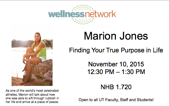 UTPACE's tweet image. Bring your lunch to NHB 1.720 right now &amp;amp; hear Olympic multi-medal winner Marion Jones talk about finding purpose!