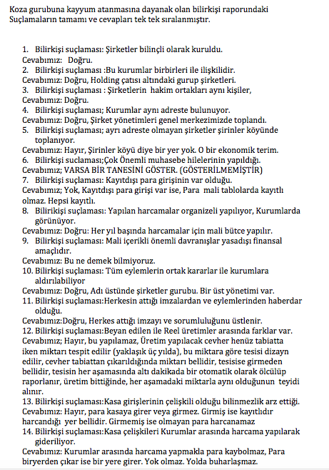 akinipek01's tweet photo. Koza grubuna kayyum atanmasına dayanak olan bilirkişi raporundaki  suçlamaların ve cevapların tamamı. https://t.co/U6FM7ewR0h