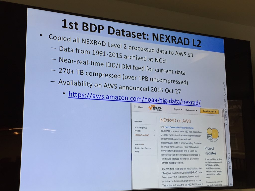 AWS_Gov's tweet image. We&apos;ve copied all the @NEXRADROC data to #AWS - more than 270 TB compressed aws.amazon.com/noaa-big-data/… #EarthonAWS