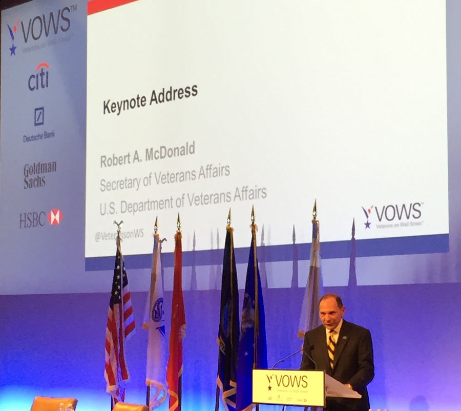VeteransonWS's tweet photo. .@DeptVetAffairs Secretary McDonald gives keynote address at #Veterans on Wall St Symposium, @VeteransonWS https://t.co/lyLAzENHG0