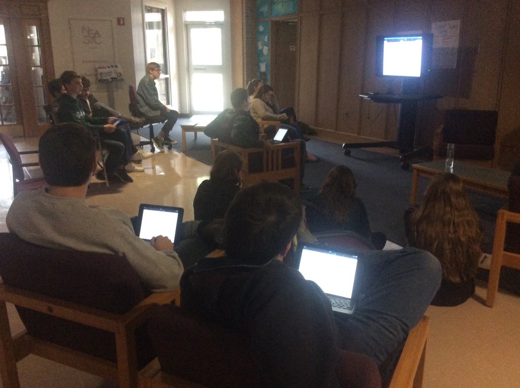 HWTheatre's tweet image. Theatre Tech class sharing design concepts in the front lobby #theatredesign #altlearningspace #learningincomfort