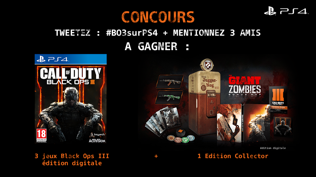 PlayStationFR's tweet photo. Tweetez #BO3surPS4 + mentionnez 3 amis pour gagner 1 édition collector et 3 jeux #BlackOps3 pour vos potes ! https://t.co/YAL41TBr3k