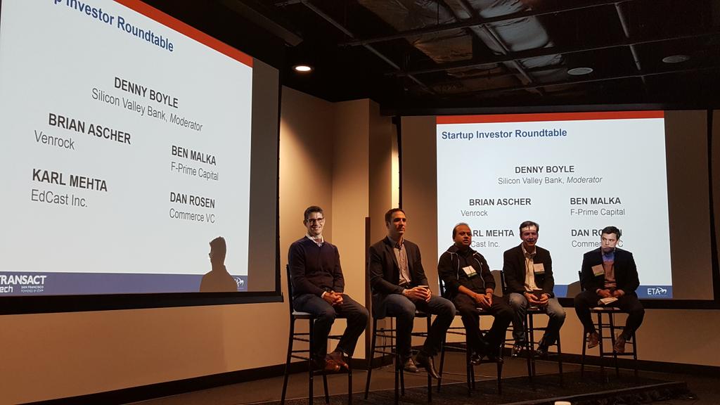 joxman's tweet photo. Talking #payments @Venrock @EdCast @CommerceVC @FPrimeCapital moderator @denny_boyle @SVB_Financial #transacttech https://t.co/2OOr7ERJpu