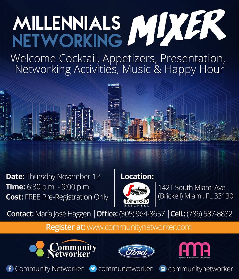 dgomez007's tweet photo. Invites @SJMC_Alumni  @FIU_SJMC #millennialsnetworkingmixer @SegafredoBrkl Thursday. All are welcomed! #networking https://t.co/ahAevbuUR7