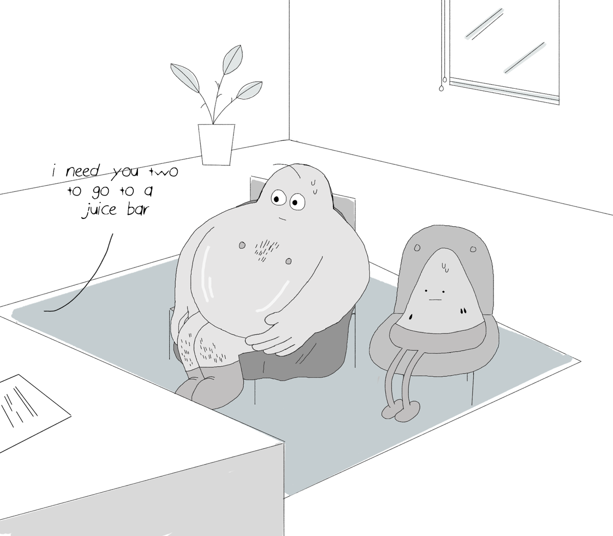 their boss doesn't know they're fruit. he always has a clipboard in front of his face 