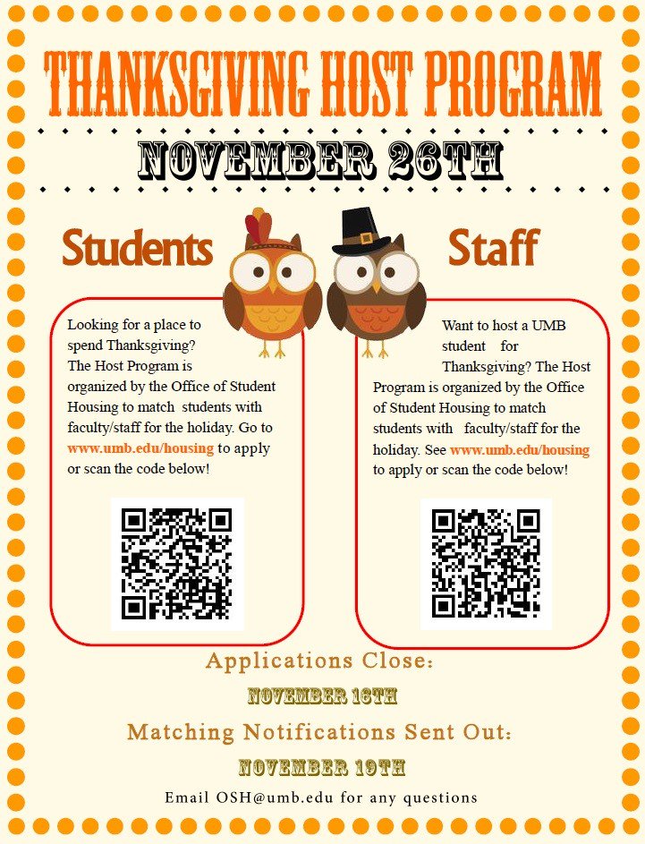UMBeNewBeacons's tweet photo. Looking for a place to spend Thanksgiving? Check out the Thanksgiving Host Program organized by Student Housing! https://t.co/TZ0GKsu1GF