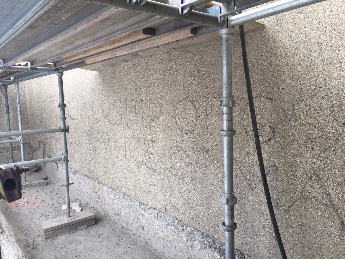 Unity_Temple's tweet image. The bronze letters above the entrance reading &quot;For the Worship of God and the Service of Man&quot; are being restored: