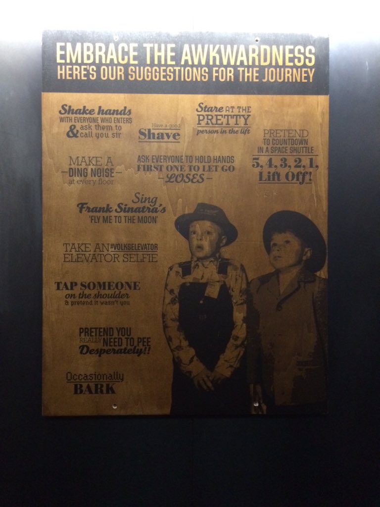 LOUISELAWLOR1's tweet photo. Fun lift poster @Volkshotel https://t.co/92VYAL6iQy