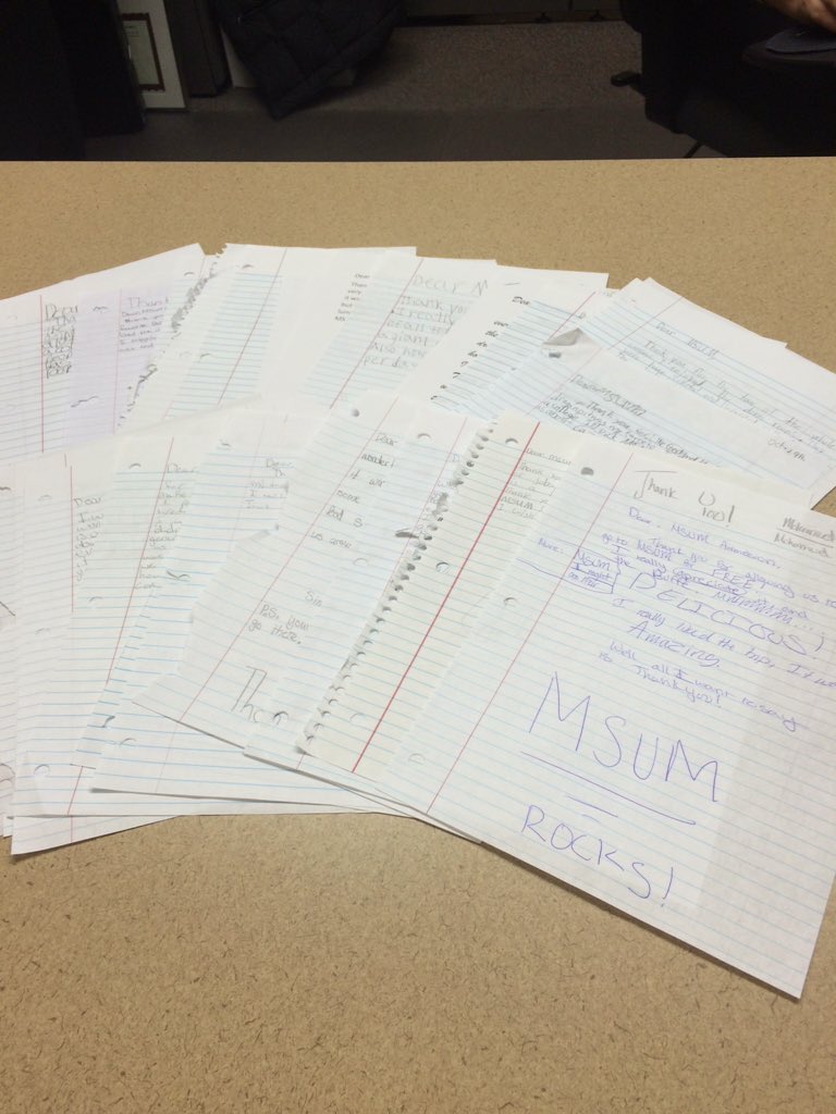 AdmissionsMSUM's tweet photo. Hand written notes from @CMSEngaged! We loved your visit as much as you! Come back soon! @MSUMoorhead @WFPSchools https://t.co/XumdqivgIE