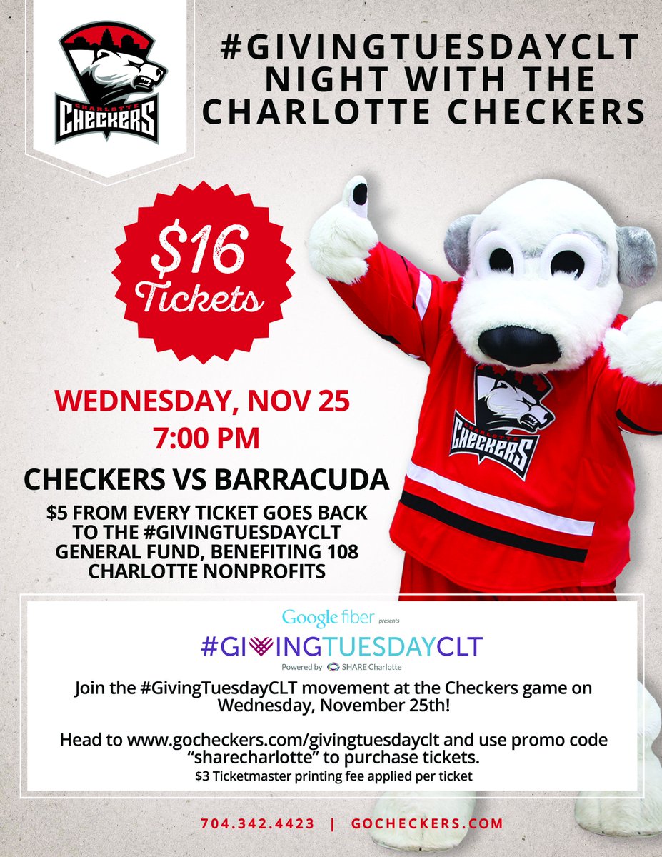 Support us and 107 other local non-profits at the Checkers game on 11/25 #GIVINGTUESDAYCLT gocheckers.com/givingtuesdayc…