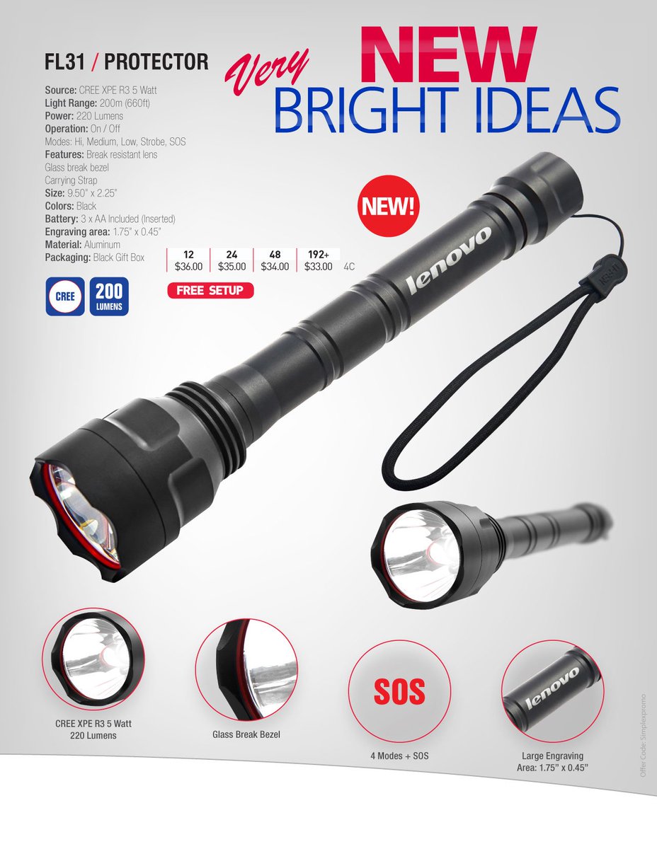 SimplexPromo's tweet image. FL31- Protector. 5 settings, including SOS &amp;amp; strobe, this #CREElight is a must have safety item. #PromoProducts